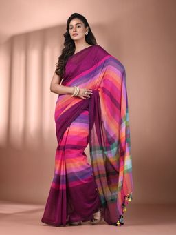 CHARUKRITI - Magenta And Multicolor Colorblocked Mulmul Cotton Saree without Blouse