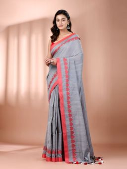 CHARUKRITI - Grey Cotton Soft Woven Heart Border Saree with Unstitched Blouse