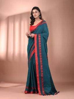 CHARUKRITI - Teal Cotton Soft Woven Heart Border Saree with Unstitched Blouse