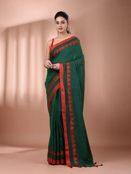 CHARUKRITI - Green Cotton Soft Woven Heart Border Saree with Unstitched Blouse