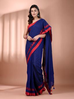 CHARUKRITI - Royal Blue Cotton Soft Woven Heart Border Saree with Unstitched Blouse