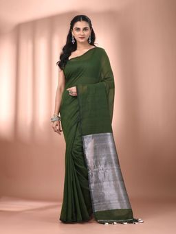 CHARUKRITI - Forest Green Cotton Contrast Silver Pallu Soft Saree with Unstitched Blouse