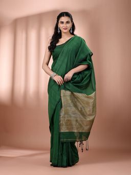 CHARUKRITI - Green Cotton Contrast Beige Pallu Soft Saree with Unstitched Blouse