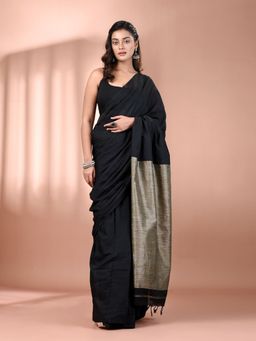 CHARUKRITI - Black Cotton Contrast Beige Pallu Soft Saree with Unstitched Blouse