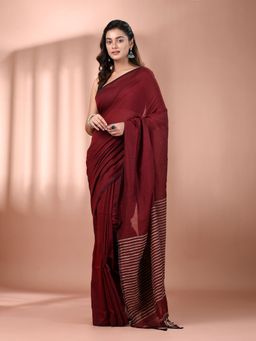 CHARUKRITI - Dark Red Cotton Stripes Pallu Soft Saree with Unstitched Blouse