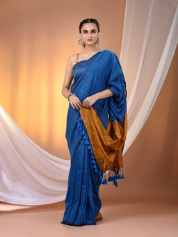 CHARUKRITI - Yale Blue Cotton Contrast Mustard Pallu Soft Saree with Unstitched Blouse
