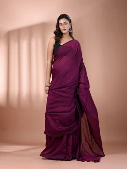 CHARUKRITI - Magenta Cotton Hand Spun Pompom Soft Saree with Unstitched Blouse