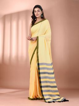 CHARUKRITI - Yellow Cotton Stripe Pallu Soft Saree with Unstitched Blouse