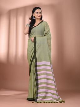 CHARUKRITI - Olive Green Cotton Stripe Pallu Soft Saree with Unstitched Blouse
