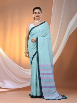 CHARUKRITI - Sea Green Cotton Stripe Pallu Soft Saree with Unstitched Blouse