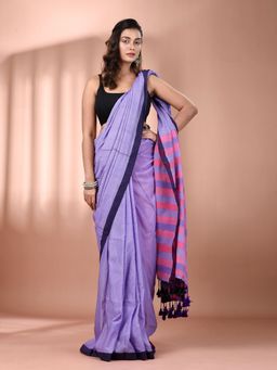 CHARUKRITI - Lavender Cotton Stripe Pallu Soft Saree with Unstitched Blouse