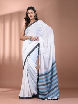 CHARUKRITI - White Cotton Stripe Pallu Soft Saree with Unstitched Blouse