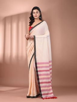 CHARUKRITI - Cream Cotton Stripe Pallu Soft Saree with Unstitched Blouse