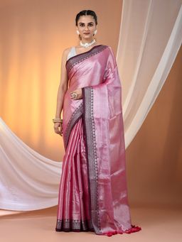 CHARUKRITI - Pink Shimmer Tissue Nakshi Border Saree with Unstitched Blouse