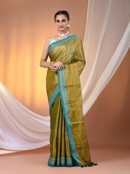 CHARUKRITI - Sap Green Shimmer Tissue Nakshi Border Saree with Unstitched Blouse