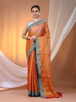 CHARUKRITI - Orange Shimmer Tissue Nakshi Border Saree with Unstitched Blouse