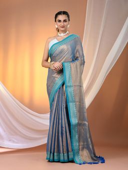 CHARUKRITI - Blue Shimmer Tissue Nakshi Border Saree with Unstitched Blouse