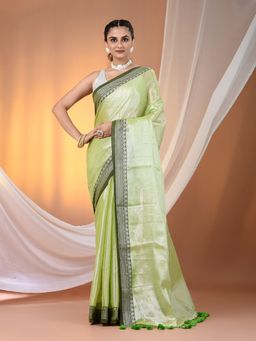 CHARUKRITI - Light Green Shimmer Tissue Nakshi Border Saree with Unstitched Blouse