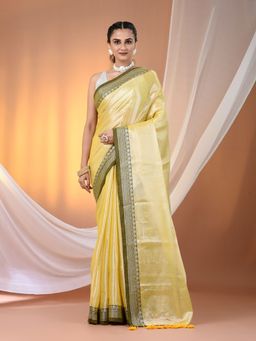 CHARUKRITI - Yellow Shimmer Tissue Nakshi Border Saree with Unstitched Blouse