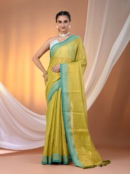 CHARUKRITI - Lime Green Shimmer Tissue Nakshi Border Saree with Unstitched Blouse