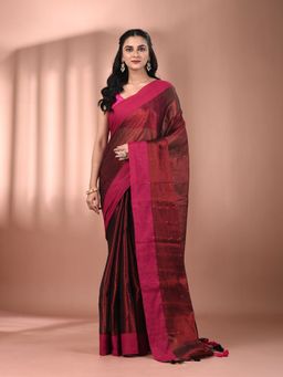 CHARUKRITI - Maroon Stripe Pattern Tissue Sequin Work Saree with Unstitched Blouse