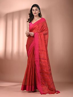 CHARUKRITI - Red Stripe Pattern Tissue Sequin Work Saree with Unstitched Blouse