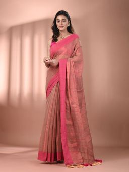 CHARUKRITI - Beige Stripe Pattern Tissue Sequin Work Saree with Unstitched Blouse