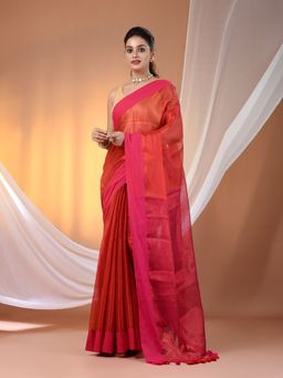 CHARUKRITI - Red & Pink Dual Tone Stripe Pattern Tissue Saree with Unstitched Blouse