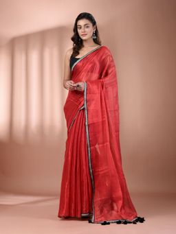 CHARUKRITI - Red Shimmer Tissue Gota Patti Border Saree with Unstitched Blouse