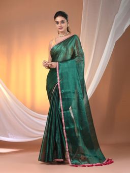 CHARUKRITI - Green Shimmer Tissue Gota Patti Border Saree with Unstitched Blouse