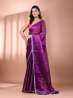 CHARUKRITI - Purple Shimmer Tissue Gota Patti Border Saree with Unstitched Blouse