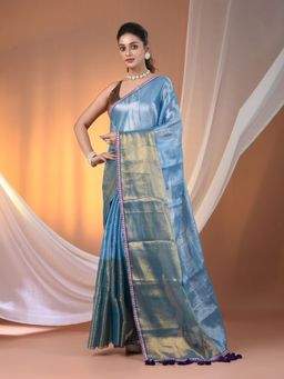 CHARUKRITI - Turquoise Blue Shimmer Tissue Gota Patti Border Saree with Unstitched Blouse