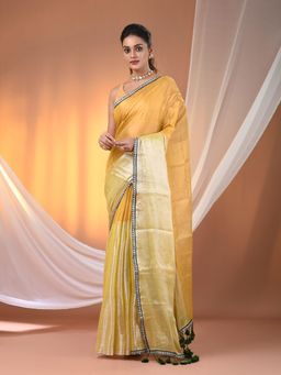 CHARUKRITI - Yellow Shimmer Tissue Gota Patti Border Saree with Unstitched Blouse