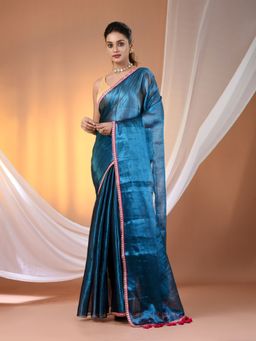 CHARUKRITI - Sapphire Blue Shimmer Tissue Gota Patti Border Saree with Unstitched Blouse