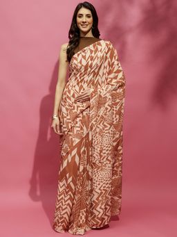 Navyasa By Liva - Cream Liva Crepe Geometric Print Saree with Unstitched Blouse