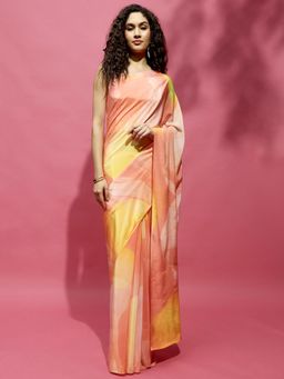 Navyasa By Liva - Orange Liva Crepe Floral Print Saree with Unstitched Blouse