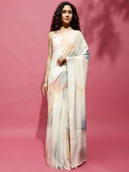 Navyasa By Liva - White Liva Crepe Floral Print Saree with Unstitched Blouse