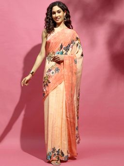 Navyasa By Liva - Orange Liva Crepe Floral Print Saree with Unstitched Blouse