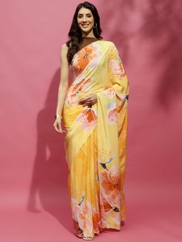 Navyasa By Liva - Yellow Crepe Floral Print Saree with Unstitched Blouse