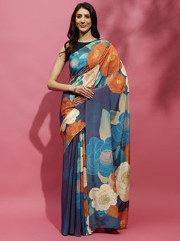 Navyasa By Liva - Blue Liva Crepe Floral Print Saree with Unstitched Blouse