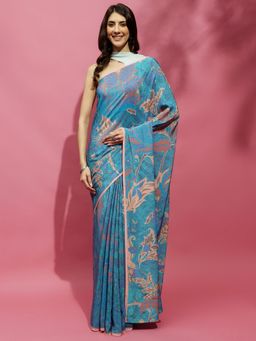 Navyasa By Liva - Green Liva Crepe Floral Print Saree with Unstitched Blouse