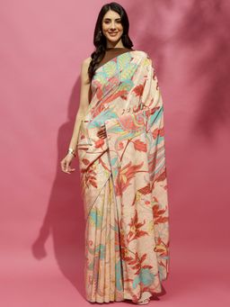 Navyasa By Liva - Beige Liva Crepe Floral Print Saree with Unstitched Blouse