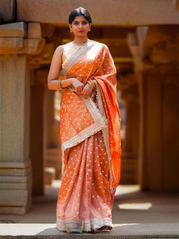 I LOVE SAREES - Orange Crushed Tissue Banarasi Lace Border Saree with Unstitched Blouse
