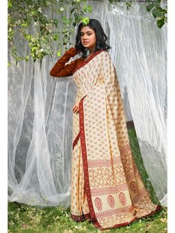 Unnati Silks - Ivory & Red Pure Hand Block Printed Soft Cotton Saree with Unstitched Blouse