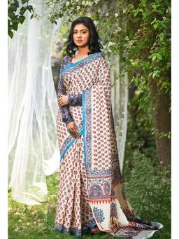 Unnati Silks - Ivory & Blue Pure Hand Block Printed Soft Cotton Saree with Unstitched Blouse