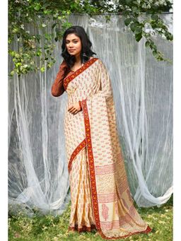 Unnati Silks - Ivory & Red Pure Hand Block Printed Soft Cotton Saree with Unstitched Blouse