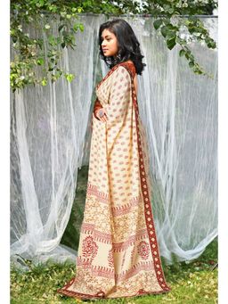 Unnati Silks - Ivory & Red Pure Hand Block Printed Soft Cotton Saree with Unstitched Blouse