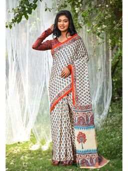 Unnati Silks - Ivory & Red Pure Hand Block Printed Soft Cotton Saree with Unstitched Blouse