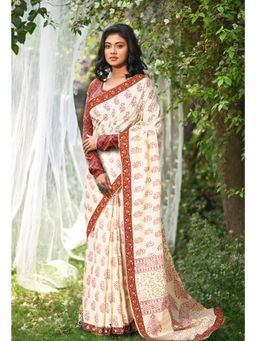 Unnati Silks - Ivory & Red Pure Hand Block Printed Soft Cotton Saree with Unstitched Blouse