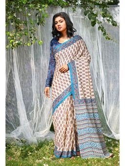 Unnati Silks - Ivory & Blue Pure Hand Block Printed Soft Cotton Saree with Unstitched Blouse